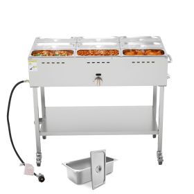 9-Pan Commercial Propane Steam Table, LP Gas Outdoor Soup Warmer with Drain Valve and 3" Wheels