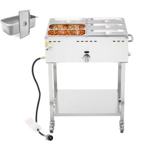 6-Pan Commercial Propane Steam Table, LP Gas Outdoor Soup Warmer with Drain Valve and 3" Wheels